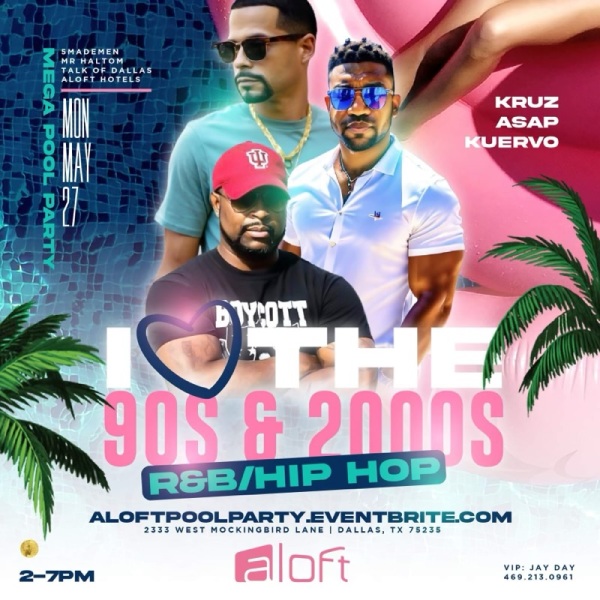 Welcome to the ultimate pool party - I ❤️ the 90s & 2000s R&B / Hip Hop {MEGA} Pool Party happening on Memorial Weekend! Get ready to Jam to all your favorite hits from the 90s and 2000s while soaking up the sun by the pool. The event will take place at Aloft Dallas Love Field on Monday, May 27, starting at 2:00 PM. Don't miss out on this epic celebration of nostalgia and good vibes! https://Aloftpoolparty.eventbrite.com